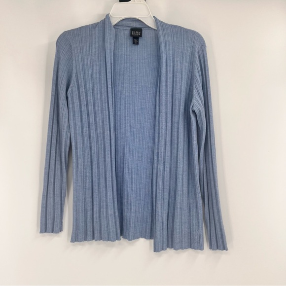 Eileen Fisher Sweaters - Eileen Fisher Cardigan Sweater Womens PM Blue Merino Wool Ribbed Open Front